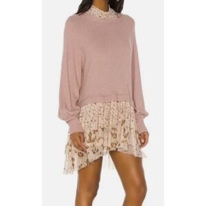 Free People Rose Waffle Knit Floral Mesh Tiered Tunic Dress OB1054320 Size M